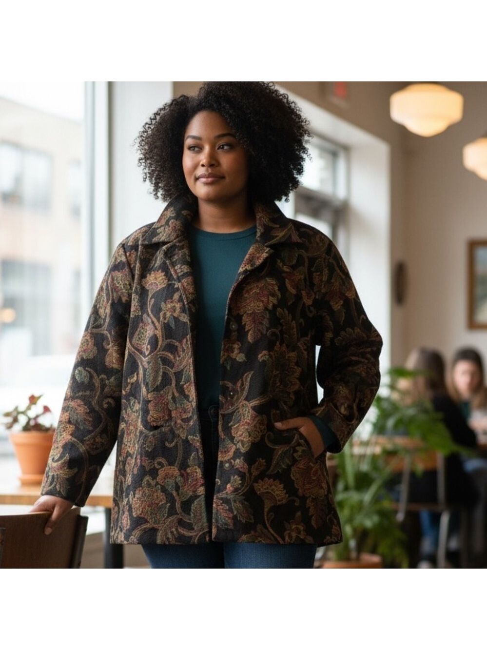 90s SUSAN GRAVER BROWN & OLIVE GREEN FLORAL TAPESTRY CREWEL LIKE JACKET SZ 3X